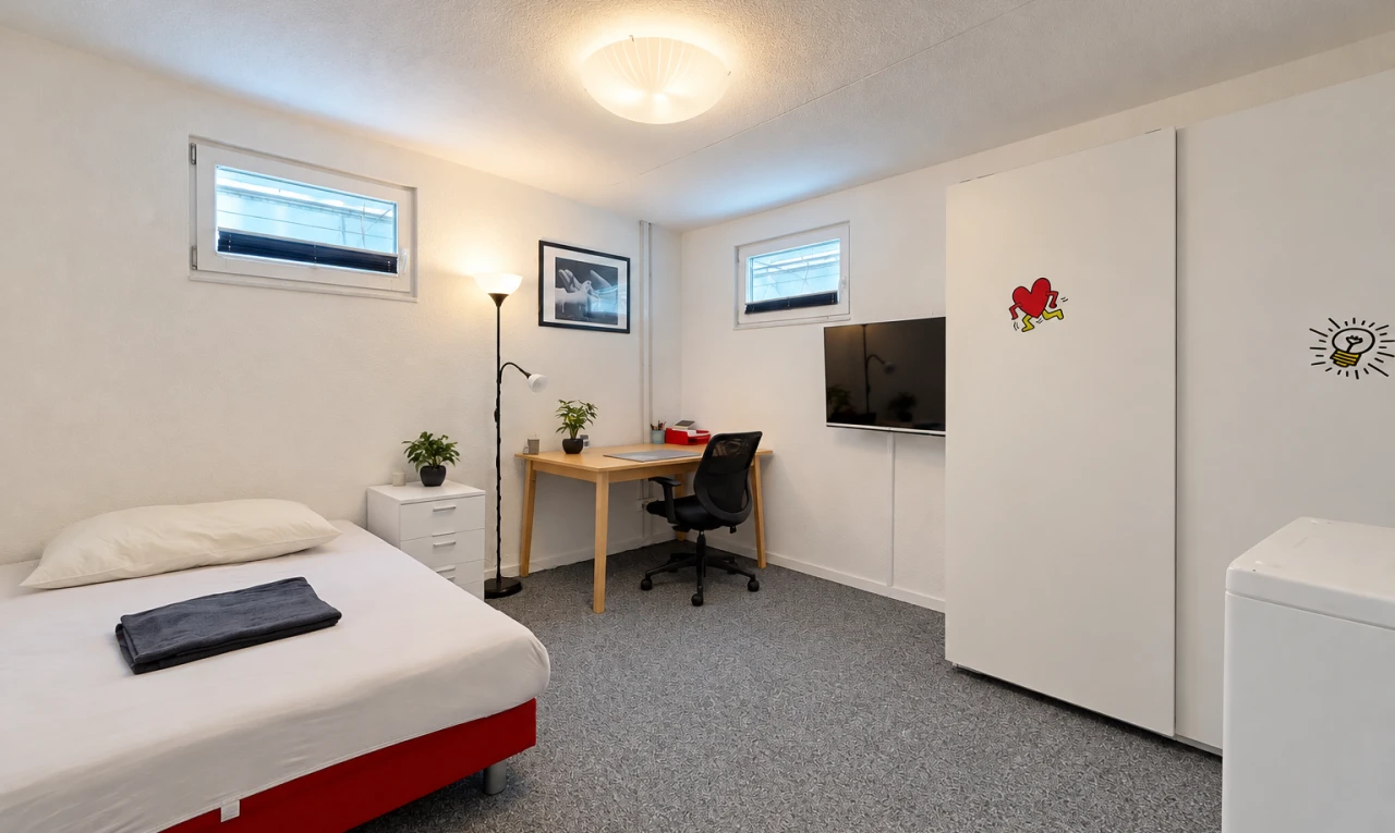 chambre avec télévision, drywall, cloison sèche, carpet, et moquette