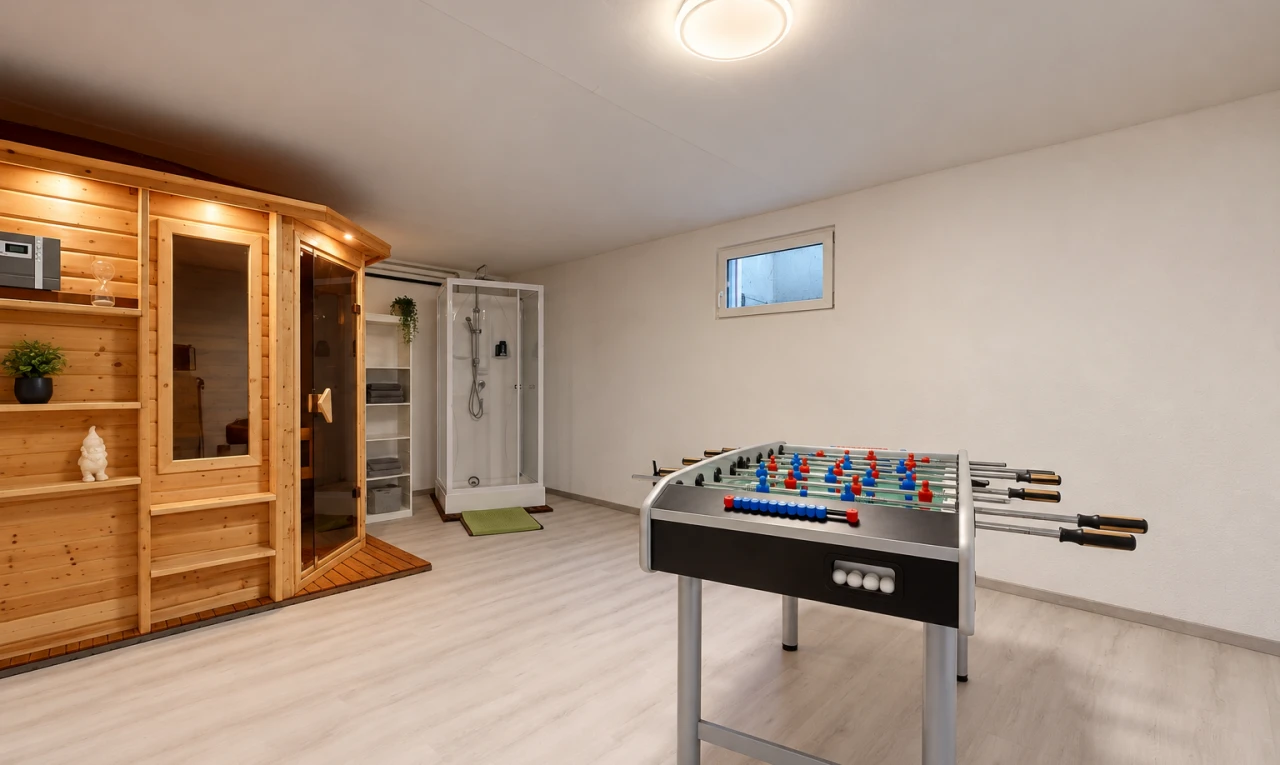 salon avec cloison sèche, drywall, sous-sol, sauna, et sol en finition bois