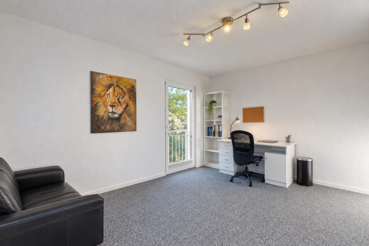 bureau avec éclairage sur rail, accès à l'extérieur, drywall, cloison sèche, et carpet