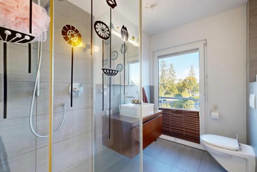 salle de bains avec lavabo (ou coiffeuse selon le contexte), douche, salle de bain complète, miroir, et évier