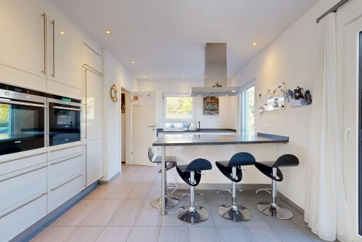 cuisine avec four double, hotte, éclairage encastré, armoires à panneau plat, et flat panel cabinets