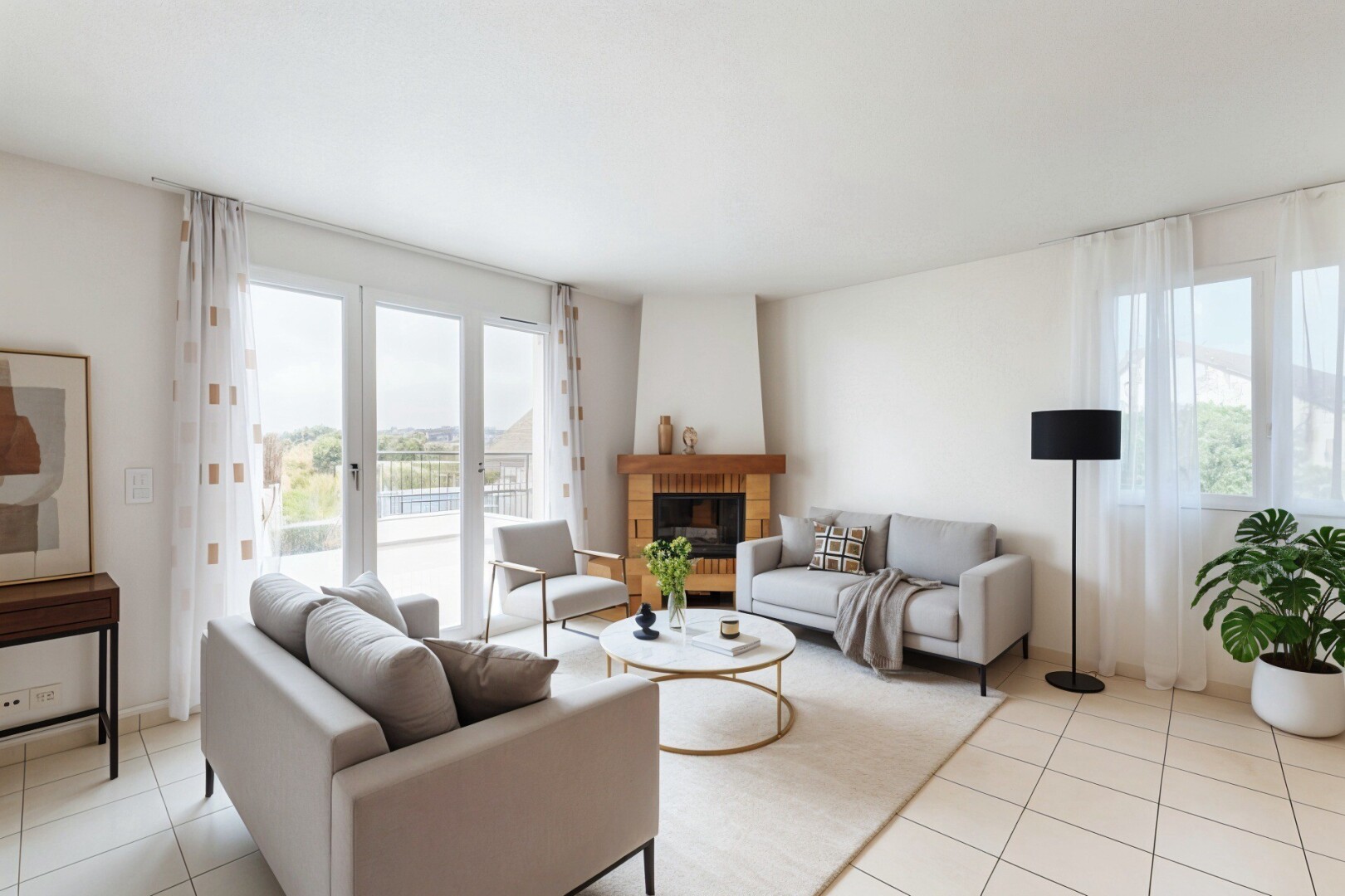 salon avec inside property, tile floor, sol en carrelage, drywall, et cloison sèche