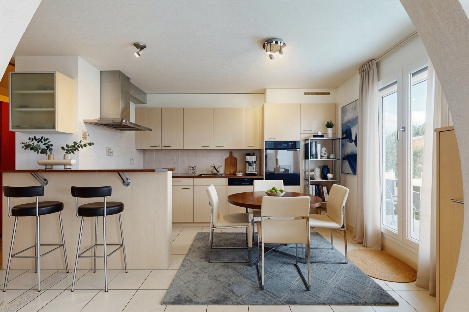 cuisine avec backsplash, dosseret, virtually staged, hotte, et armoires crème