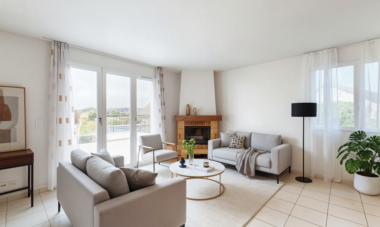 salon avec inside property, tile floor, sol en carrelage, drywall, et cloison sèche