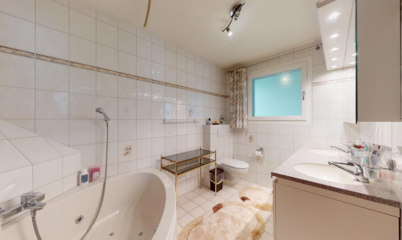 salle de bains avec mur carrelé, vasque, lumière naturelle, et toilettes