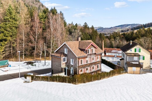 façade avec day time, cheminée, et snow