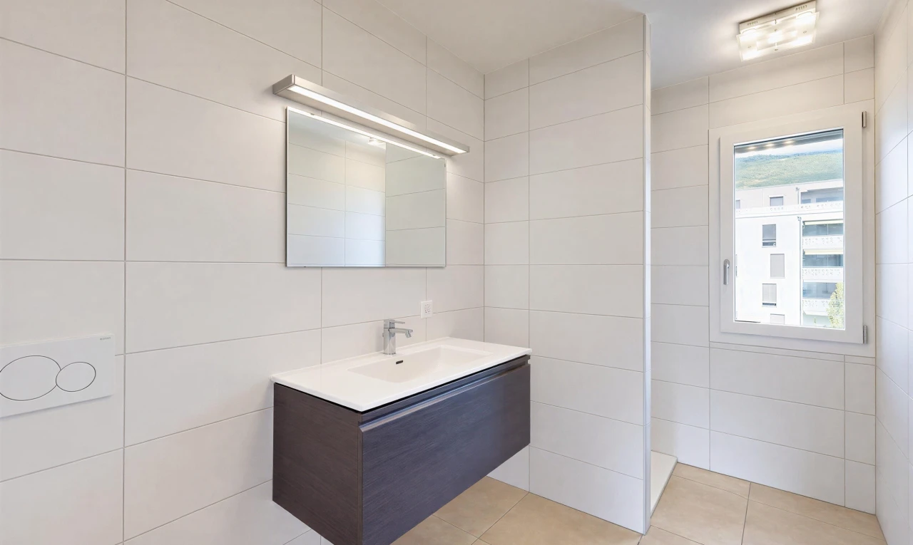 salle de bains avec mur en carrelage, tile wall, lavabo (ou coiffeuse selon le contexte), miroir, et sol en carrelage