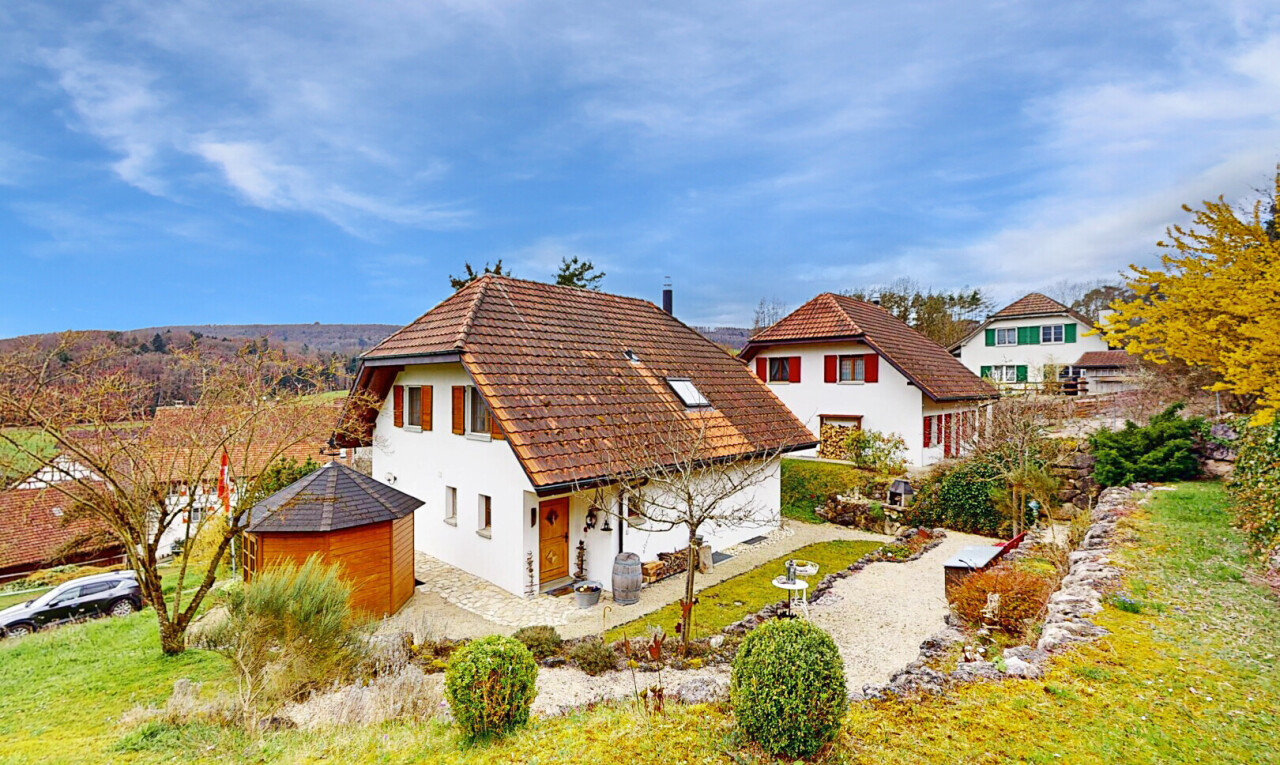 außenansicht mit stuckverkleidung, außenansicht, und rasen