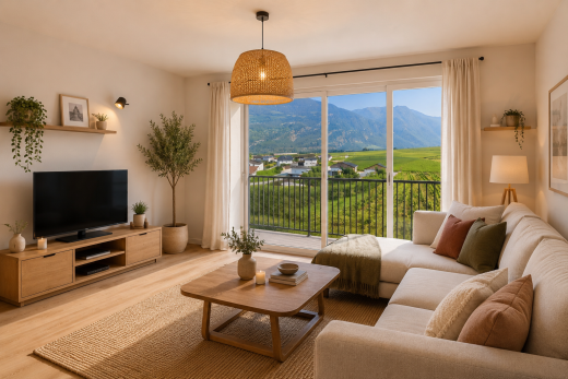 salon avec vue sur la montagne, mountain view, télévision, drywall, et cloison sèche