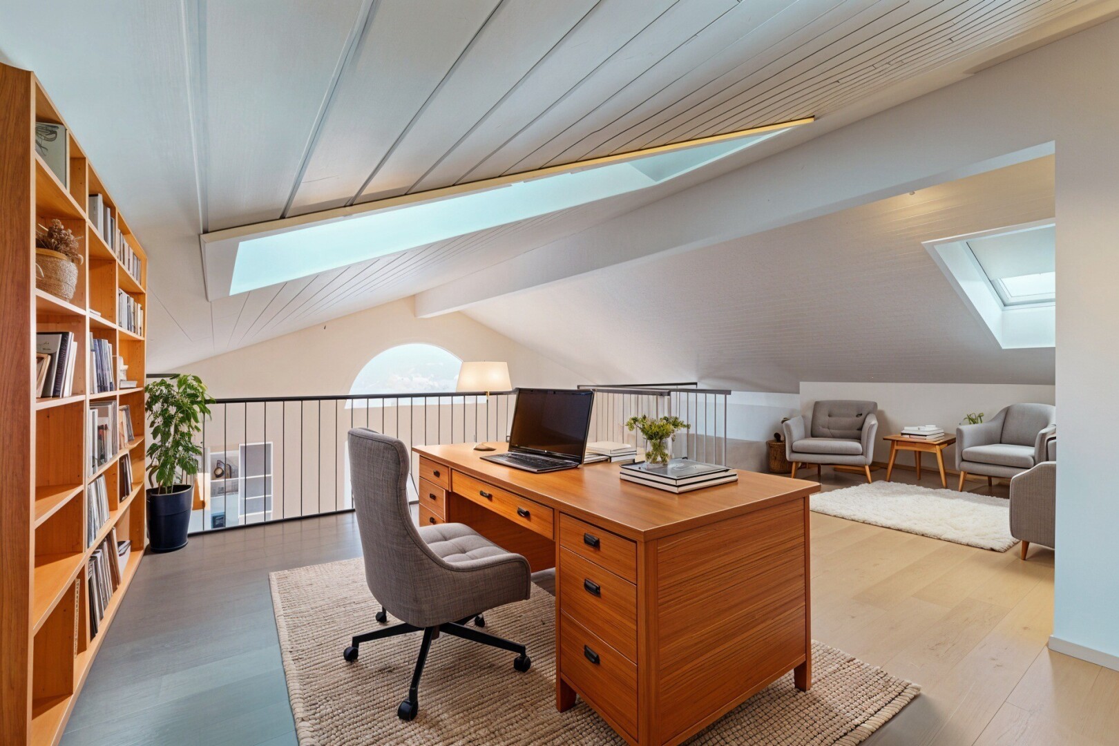 bureau avec plafond voûté, vaulted ceiling, espace bureau, puits de lumière, et sol en finition bois