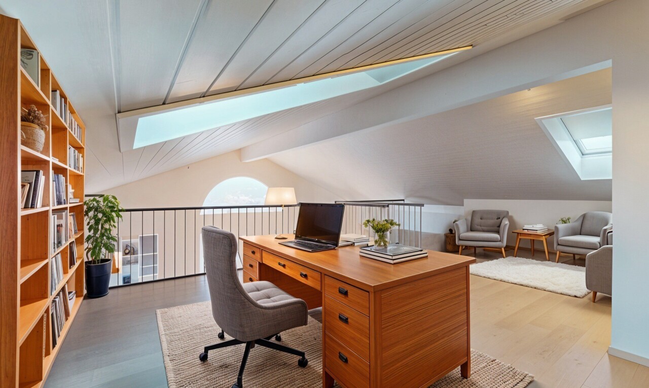 bureau avec plafond voûté, vaulted ceiling, espace bureau, puits de lumière, et sol en finition bois