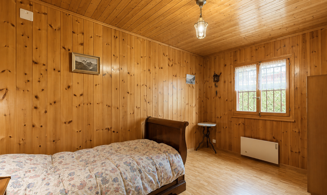 chambre avec radiateur, sol en finition bois, wood finish floor, inside property, et lumière naturelle