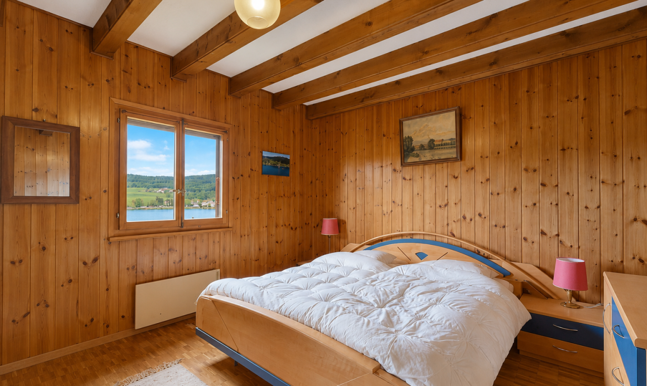 chambre avec wood finish floor, sol en finition bois, natural light, lumière naturelle, et day time