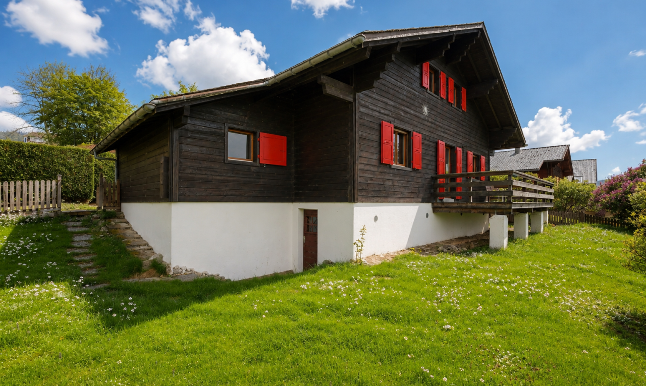 façade avec pelouse, from property, bardage horizontal, clôture, et day time