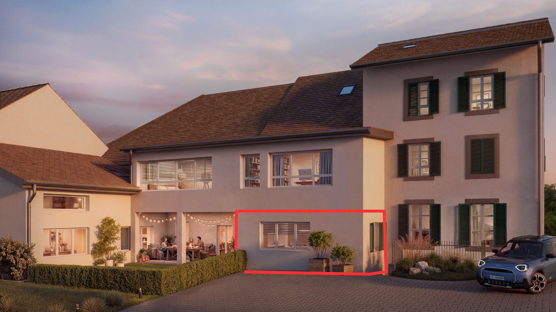 façade avec bardage en stuc, dusk, rendered, et toit en bardeaux