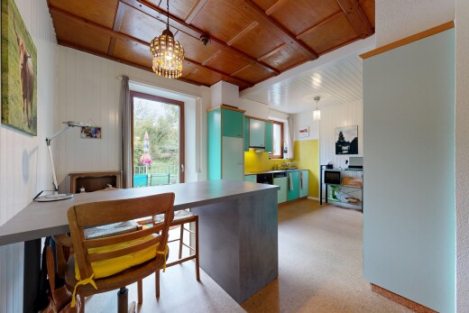 cuisine avec natural light, lumière naturelle, armoires vertes, éclairage suspendu, et inside property
