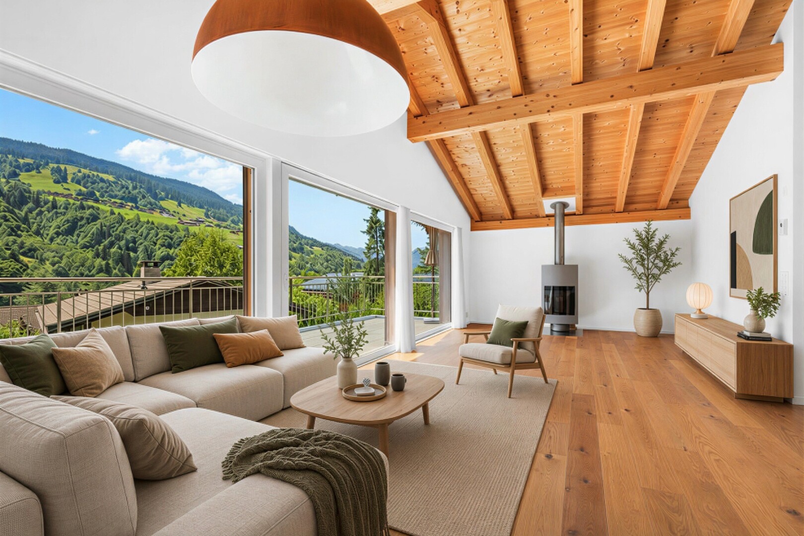 leerer raum mit balkendecke, beamed ceiling, inside property, day time, und holzofen