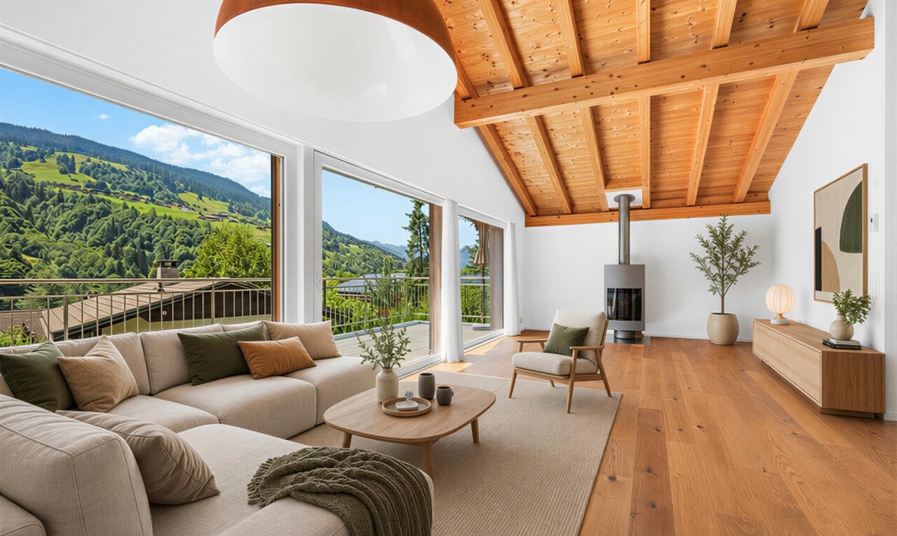 leerer raum mit balkendecke, beamed ceiling, inside property, day time, und holzofen