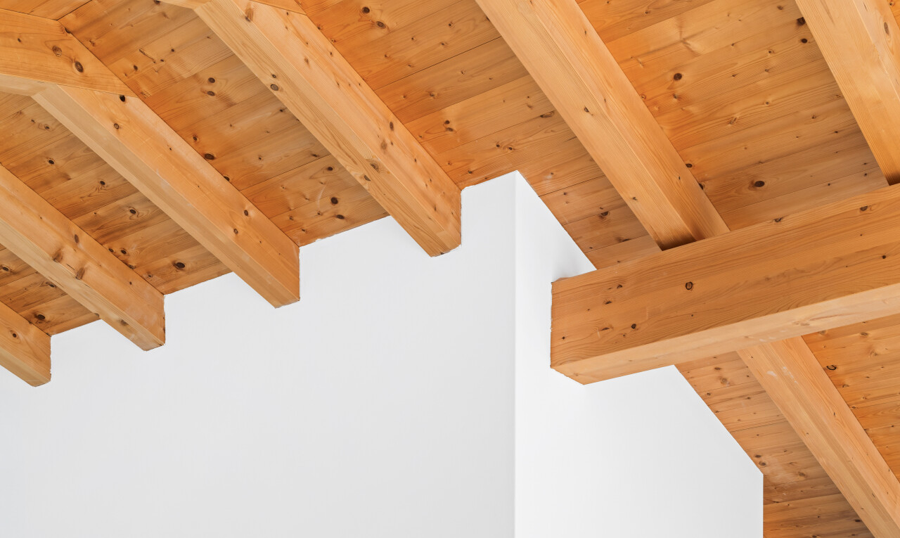 detailed view of a wood ceiling with exposed beams