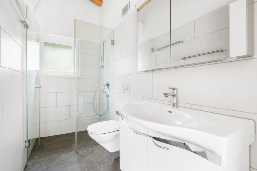 bad mit spiegel, dusche, komplettes badezimmer, schminktisch, und inside property