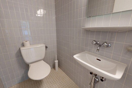 bad mit spiegel, gäste-wc, fliesenwand, tile wall, und waschbecken