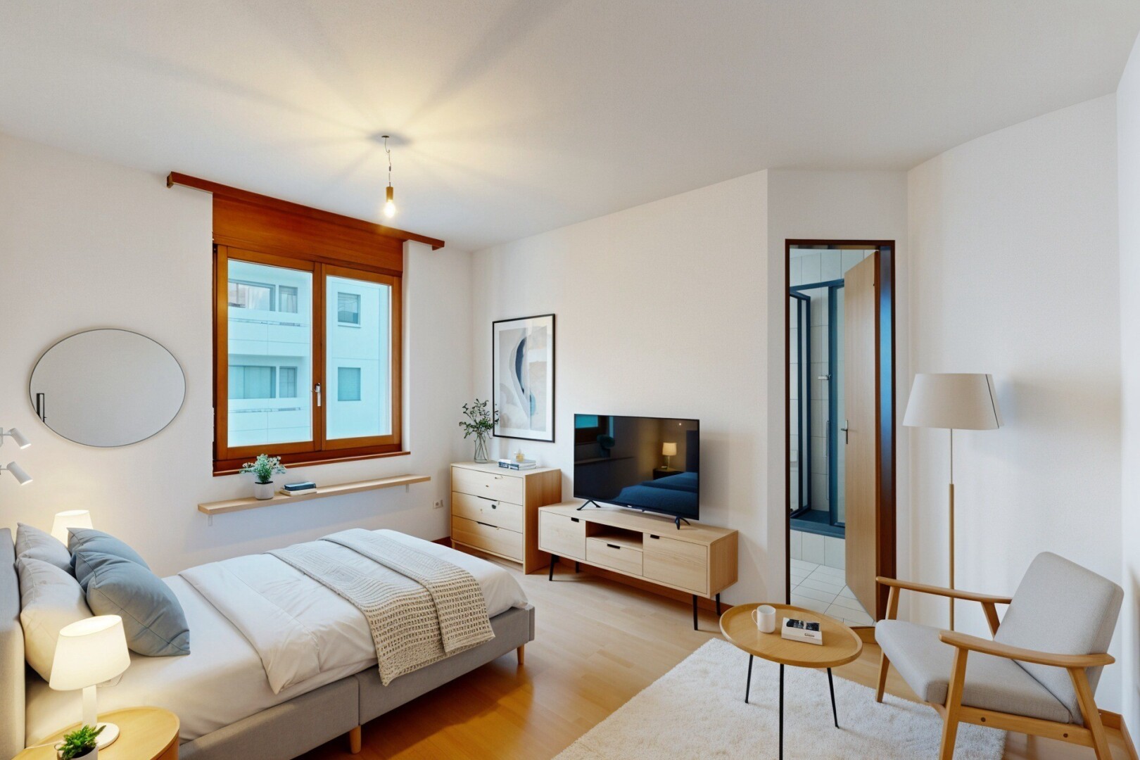 chambre avec cloison sèche, drywall, virtually staged, télévision, et sol en finition bois