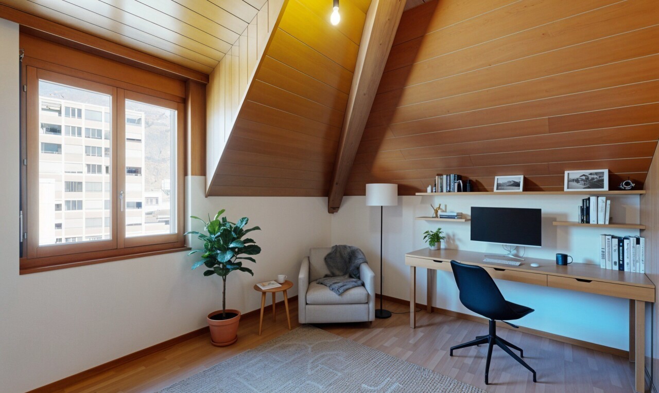 bureau avec plafond à poutres, beamed ceiling, plafond voûté, vaulted ceiling, et sol en finition bois