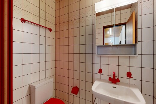 salle de bains avec miroir, toilette, tile wall, mur en carrelage, et évier