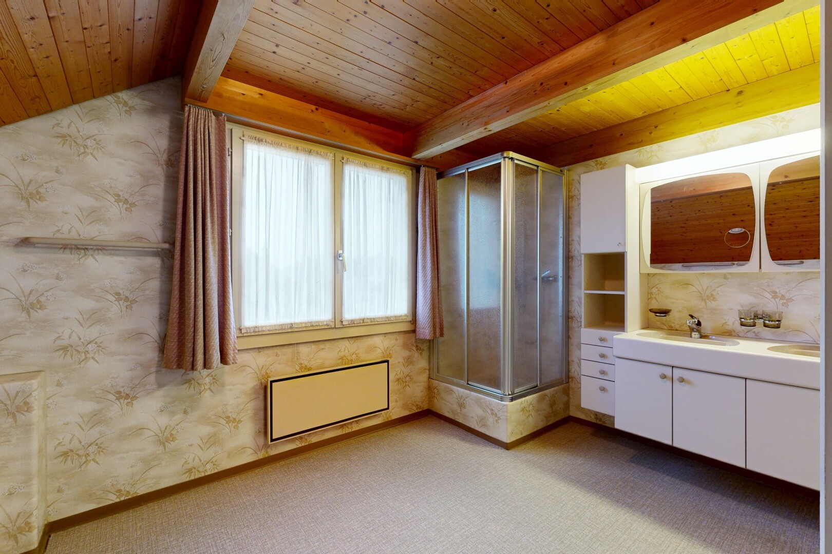 pièce vide avec lumière naturelle, natural light, inside property, plafond en bois, et wood ceiling