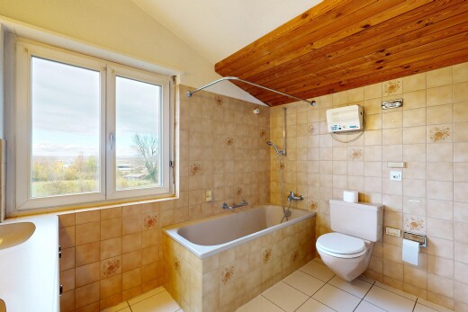 salle de bains avec mur en carrelage, tile wall, salle de bain complète, toilette, et plafond voûté