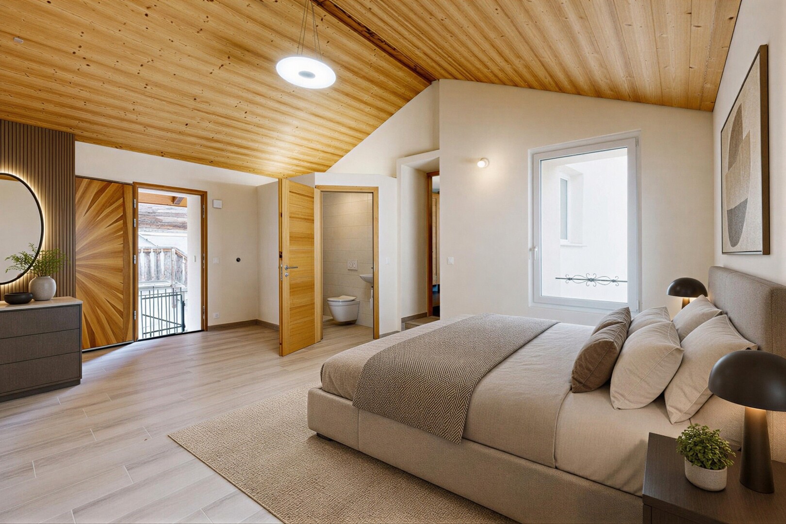 chambre avec wood ceiling, plafond en bois, wood finish floor, sol en finition bois, et inside property
