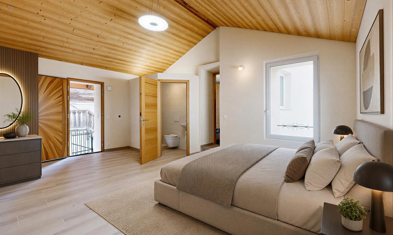 chambre avec wood ceiling, plafond en bois, wood finish floor, sol en finition bois, et inside property