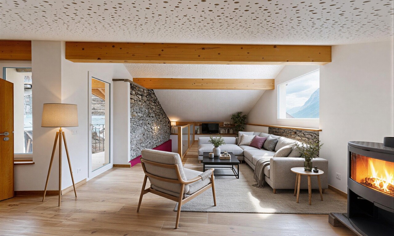 living room featuring a wood stove, beamed ceiling, and light wood-style floors