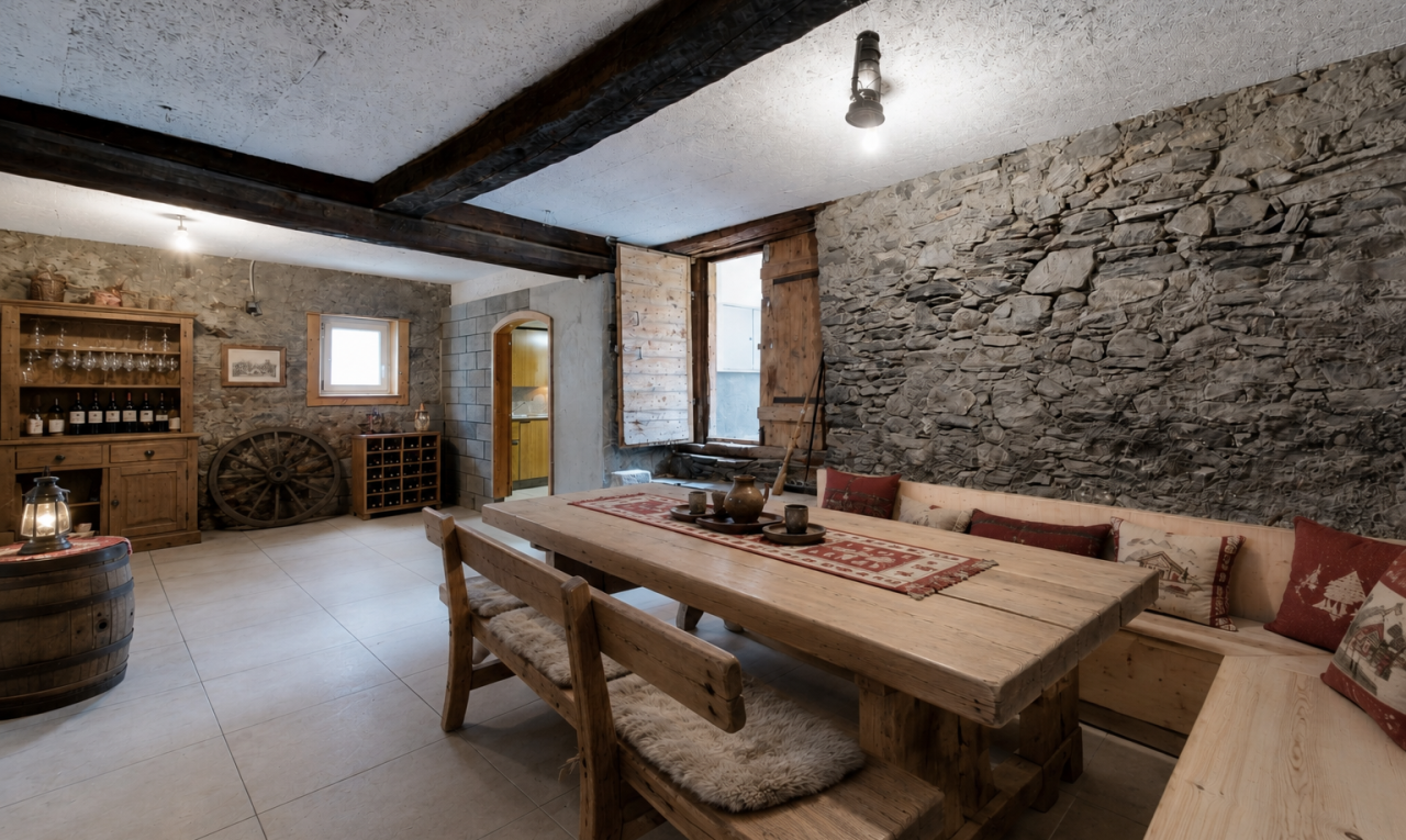 salle à manger avec mur en pierre, stone wall, lumière naturelle, natural light, et passages en arc