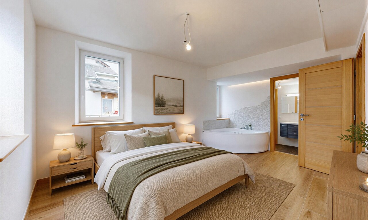 chambre avec inside property, wood finish floor, sol en finition bois, light floor, et virtually staged
