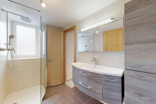 salle de bains avec lavabo (ou coiffeuse selon le contexte), lumière naturelle, natural light, salle de bain complète, et douche