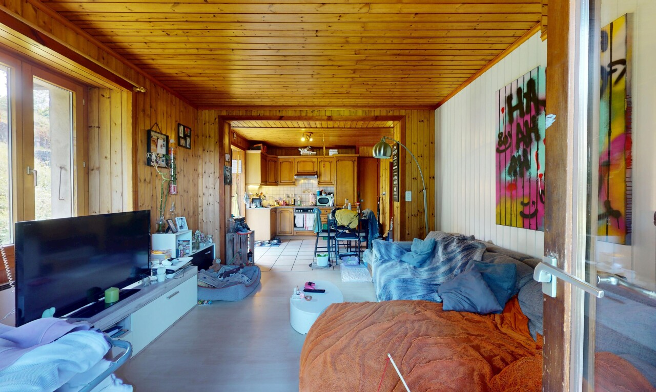 wohnzimmer mit fernseher, inside property, natural light, natürliches licht, und wood ceiling