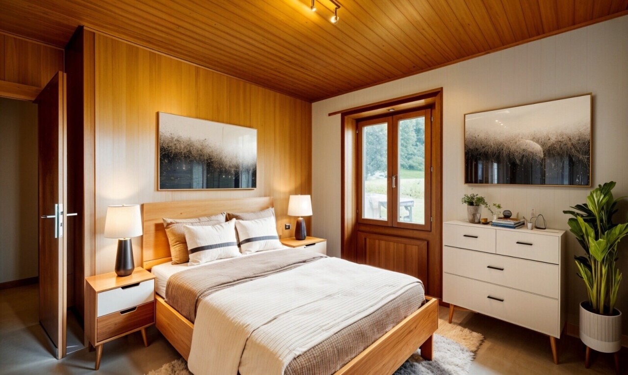 zimmer / schlafzimmer mit natural light, natürliches licht, wood ceiling, holzdecke, und inside property