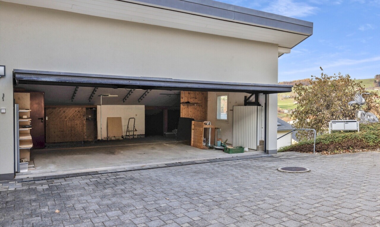 terrace with a garage, a patio area, and decorative driveway