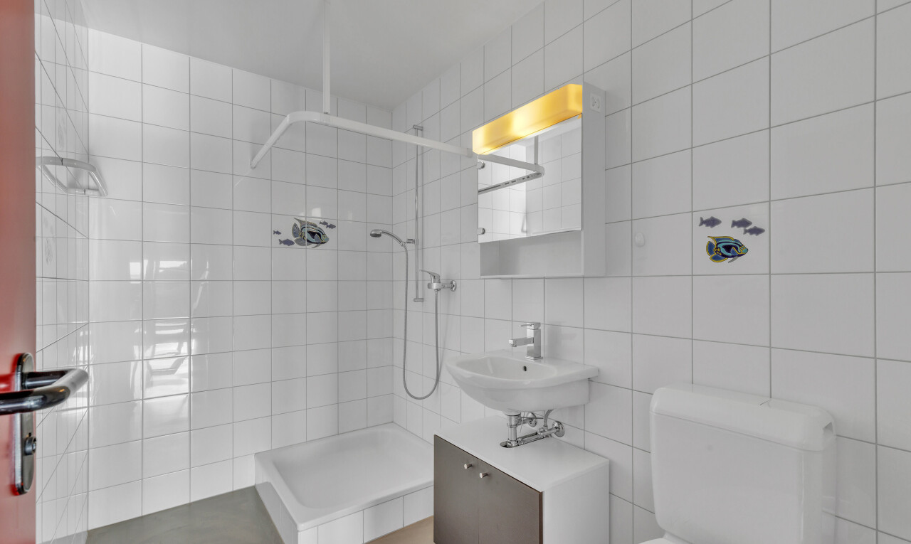 salle de bains avec miroir, salle de bain complète, douche, inside property, et évier