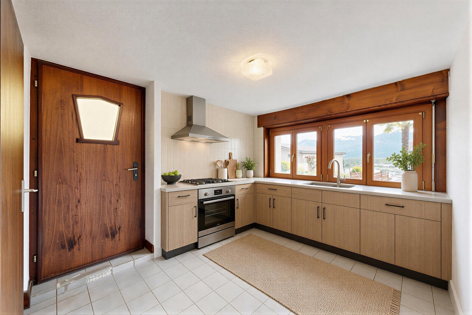 cuisine avec réfrigérateur, light floor, inside property, four, et plans de travail