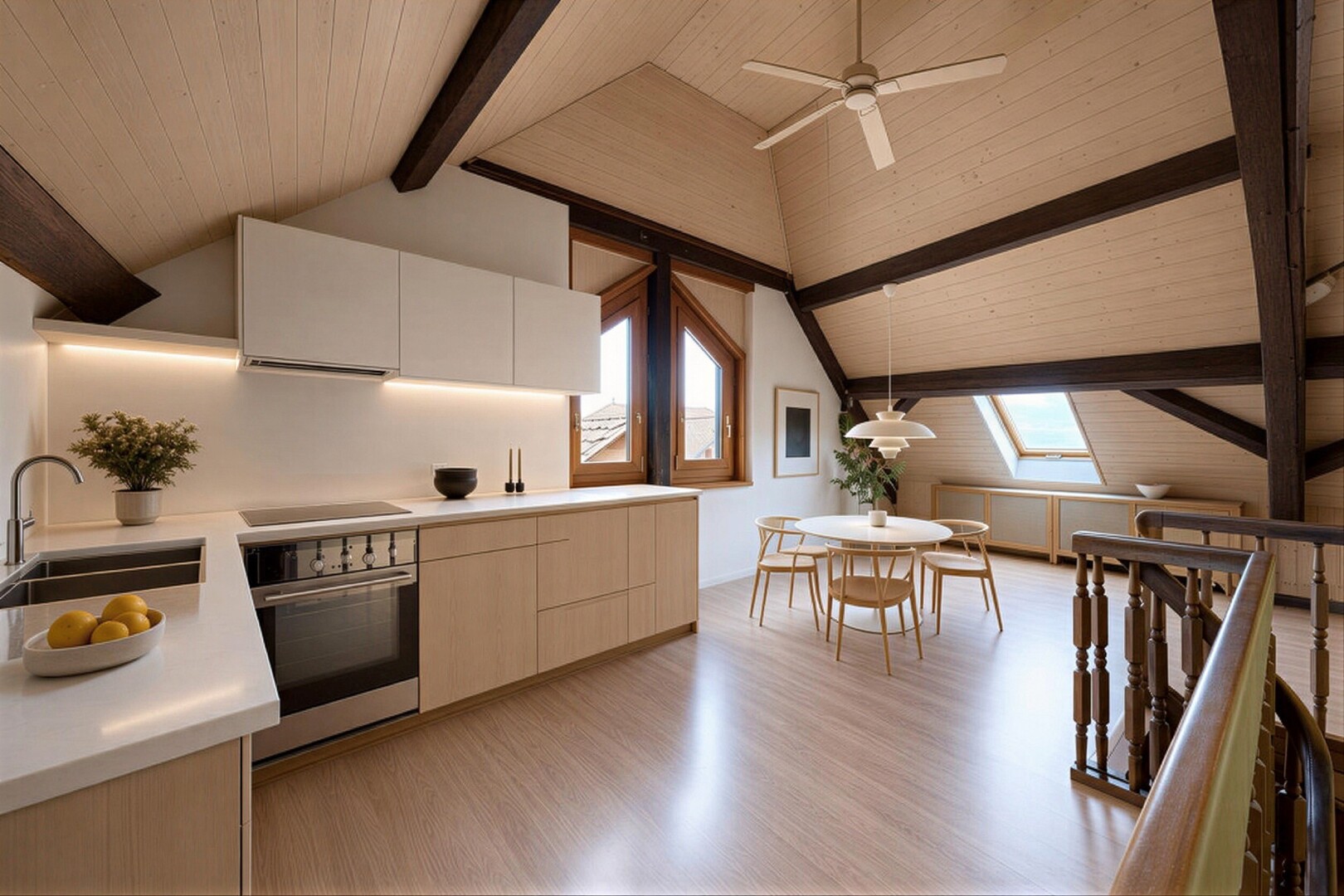 cuisine avec plafond à poutres, beamed ceiling, plans de travail, light countertops, et four