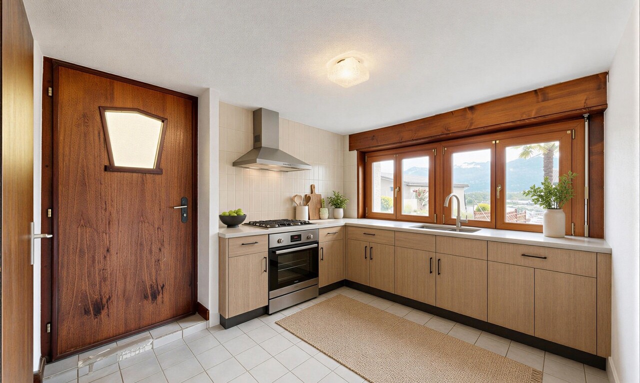 cuisine avec réfrigérateur, light floor, inside property, four, et plans de travail