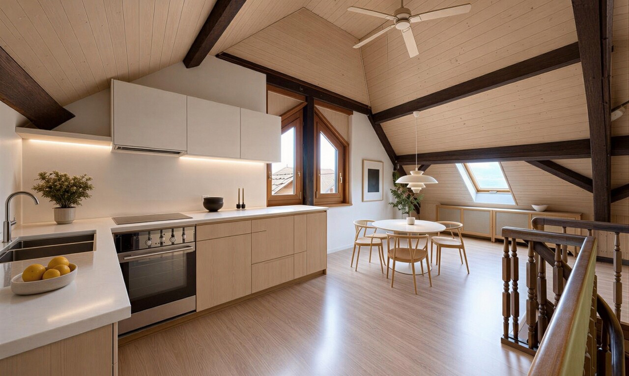 cuisine avec plafond à poutres, beamed ceiling, plans de travail, light countertops, et four
