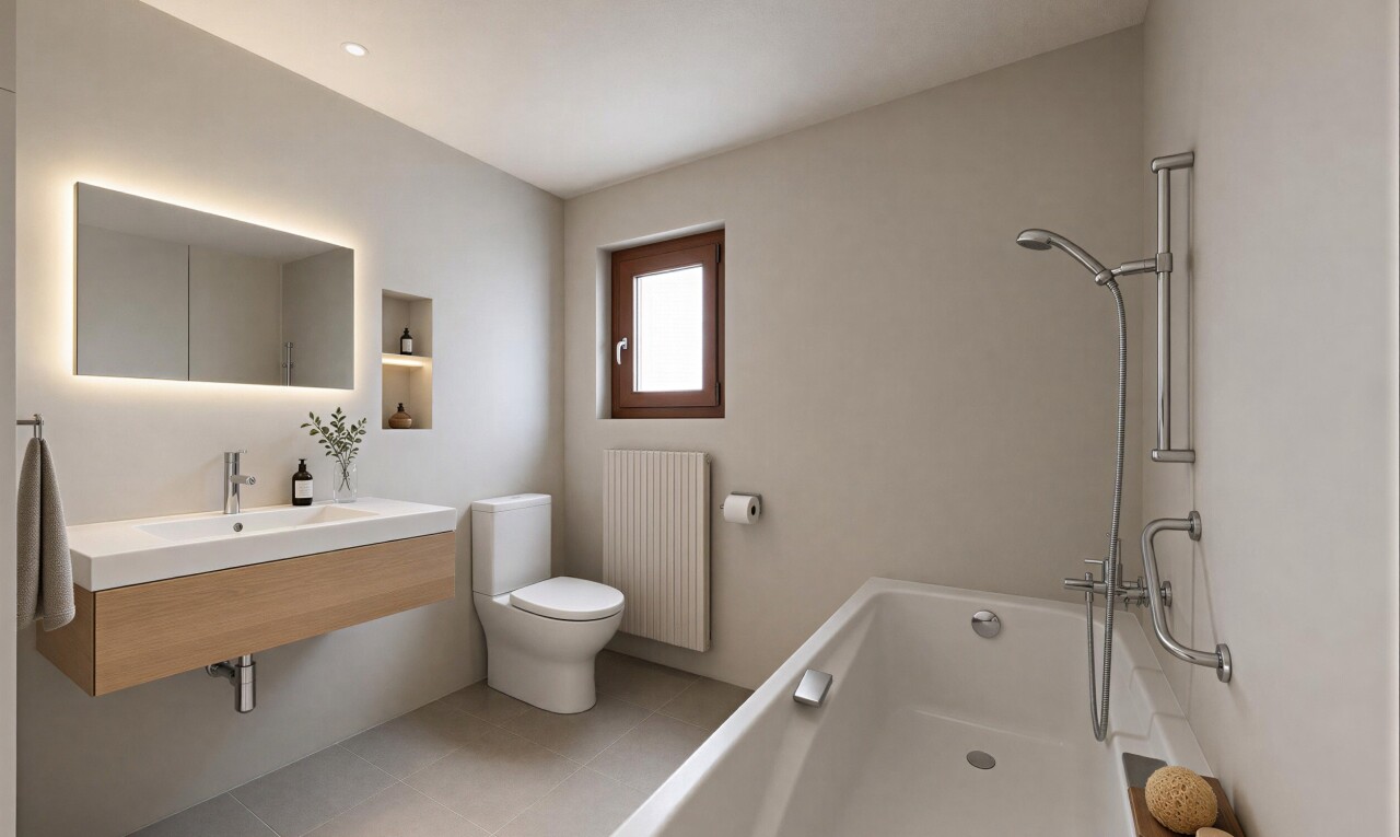 salle de bains avec salle de bain complète, mur en carrelage, tile wall, miroir, et plafond texturé