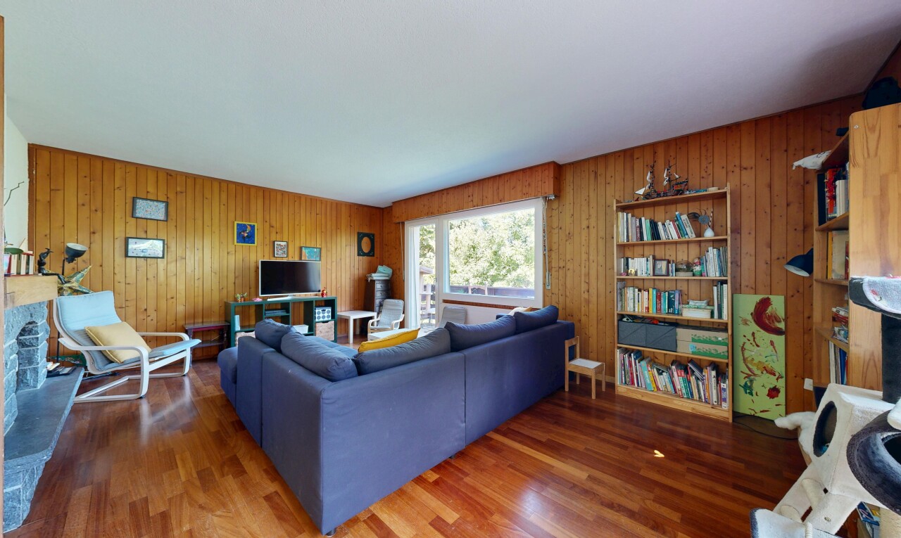 salon avec inside property, sol en finition bois, wood finish floor, télévision, et lumière naturelle
