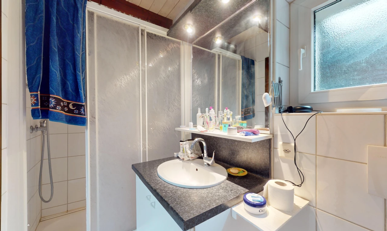 salle de bain avec meuble-lavabo, miroir, lumière naturelle, et vasque