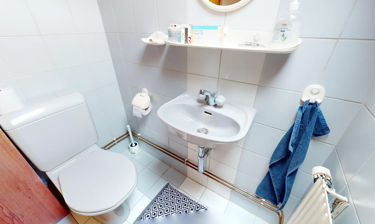 salle de bain avec miroir, mur carrelé, carrelage, toilettes, et vasque