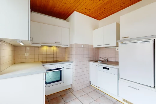cuisine avec plafond de bois, hotte, four, meubles blancs, et crédence