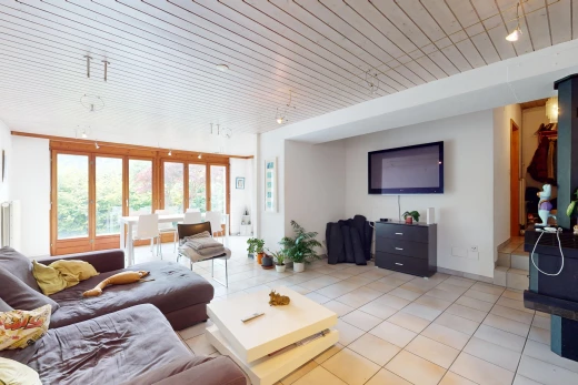salon avec lumière naturelle, carrelage, et télévision